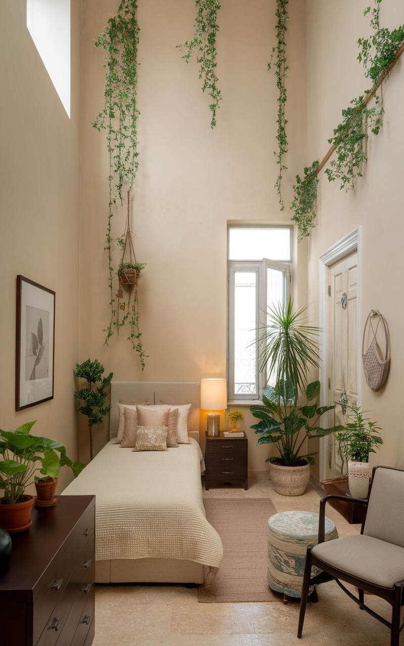 Cozy small beige bedroom with greenery and plants.