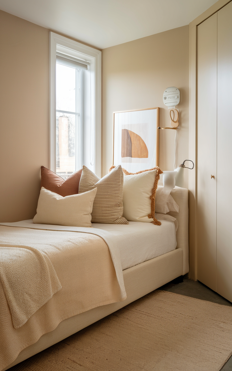 A cozy small beige bedroom featuring a bed adorned with an array of soft pillows in various shapes and textures.