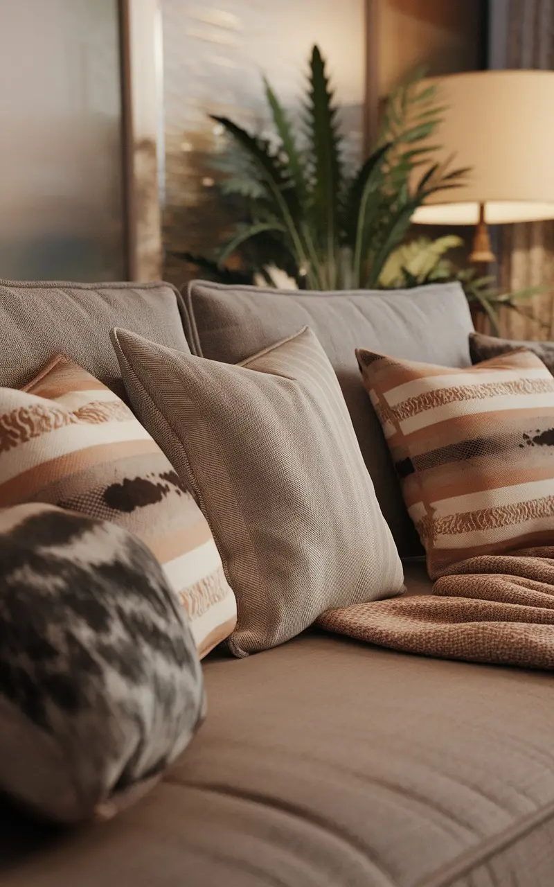 A cozy sofa with textured pillows and a throw blanket, perfect for a living room with a TV above the fireplace.