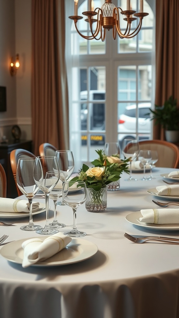 Elegant table setting for Valentine's Day with flowers, glassware, and neatly arranged plates.