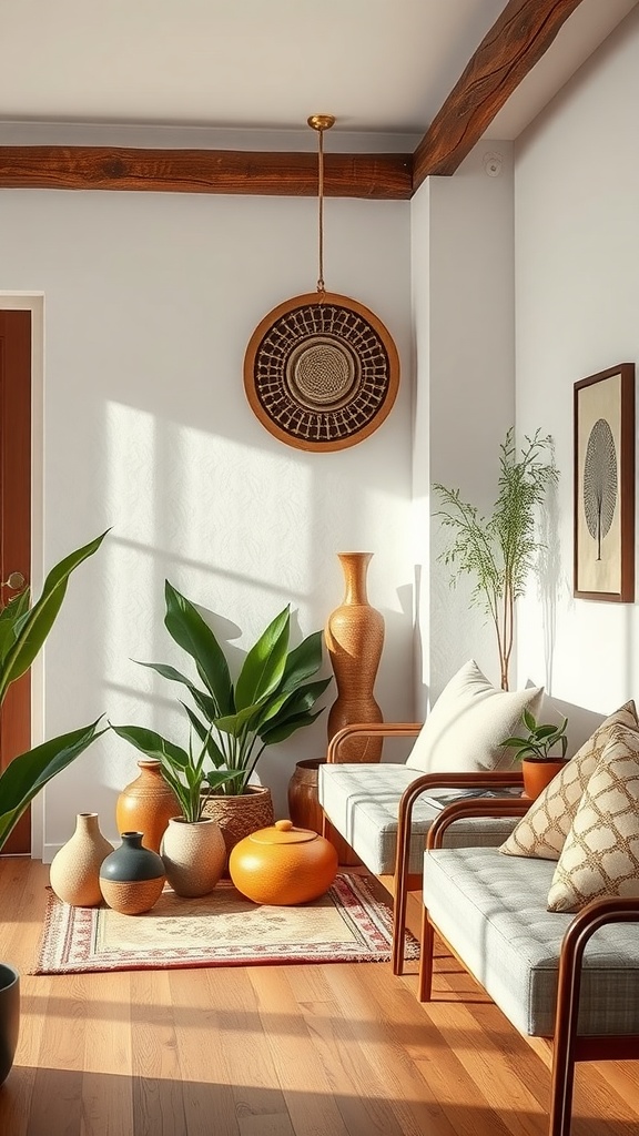 Cozy living room featuring artisan crafts, plants, and warm tones.