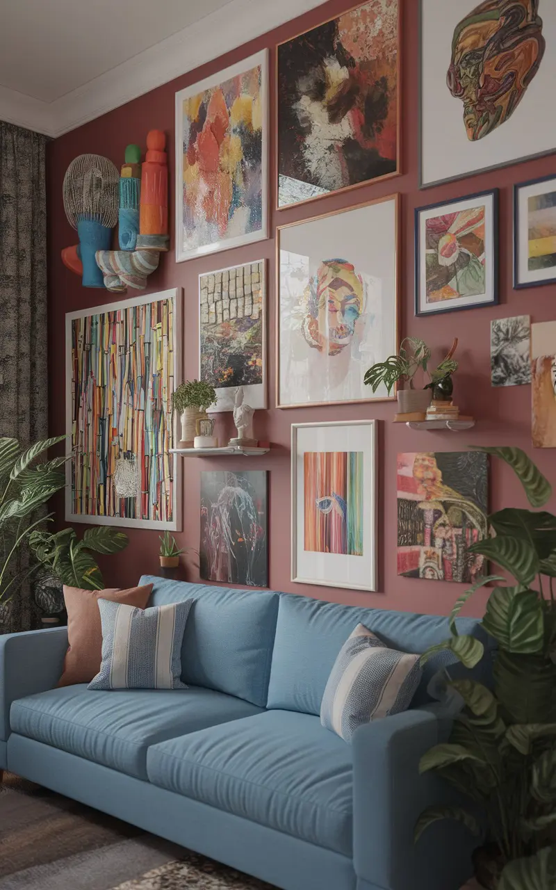 Blue couch in a living room surrounded by colorful artwork on the walls