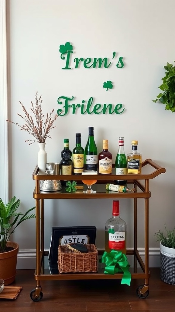 Decorated bar cart featuring various Irish spirits and festive green accents for St. Patrick's Day.