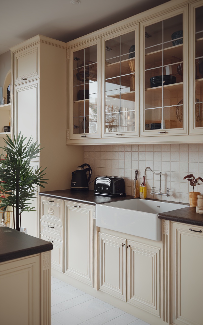 A Scandi style kitchen featuring light cabinetry, a white farmhouse sink, and modern appliances.