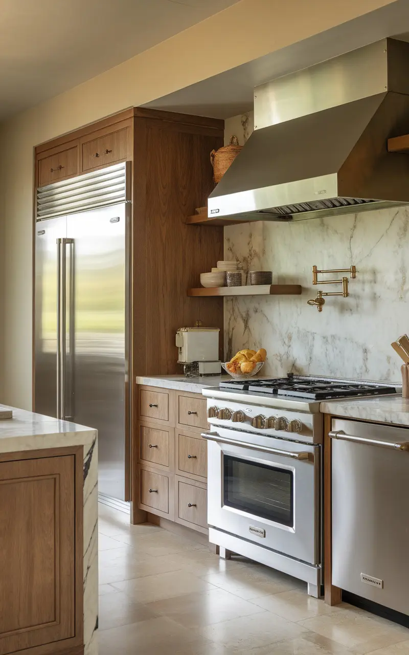 A modern kitchen featuring a blend of wood and marble elements, showcasing a Scandi style.