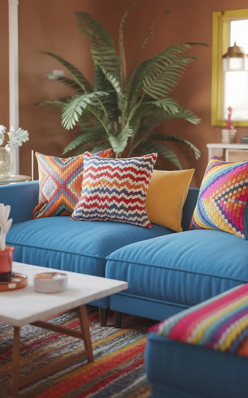 A blue couch in a living room decorated with colorful patterned pillows and a vibrant rug.