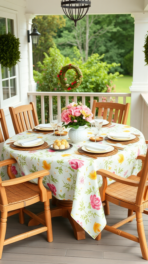 A beautifully decorated porch with a brightly colored tablecloth, chairs, and a wreath