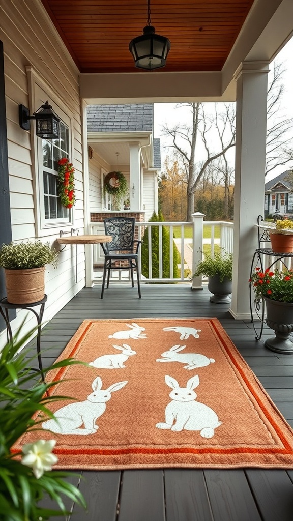 A bunny-themed outdoor rug on a porch, surrounded by plants and festive decor