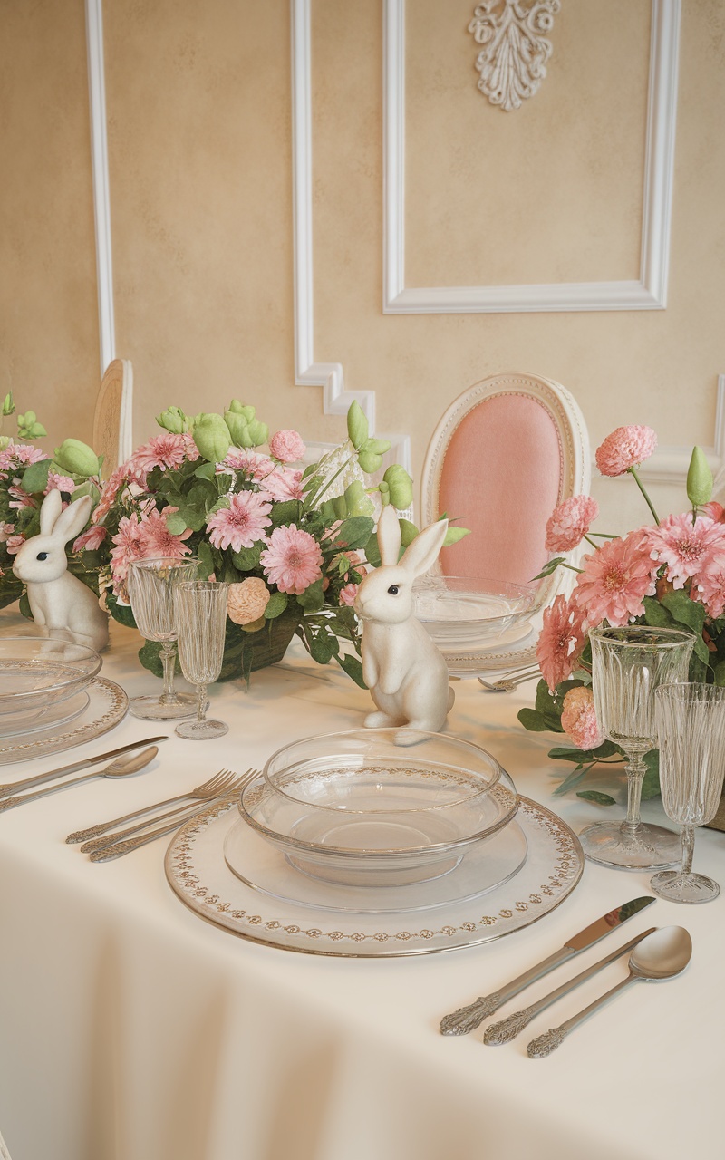 A beautifully set dining table featuring bunny figurines, floral arrangements, and elegant tableware for Easter.