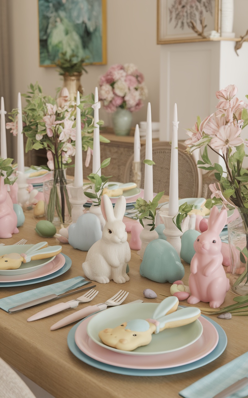 A beautifully arranged Easter table featuring bunny-themed decorations, pastel plates, and floral centerpieces.