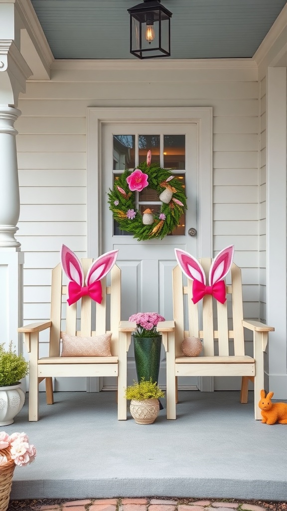 Cute Easter Porch Decor with Bunny Ear Chairs and Wreath