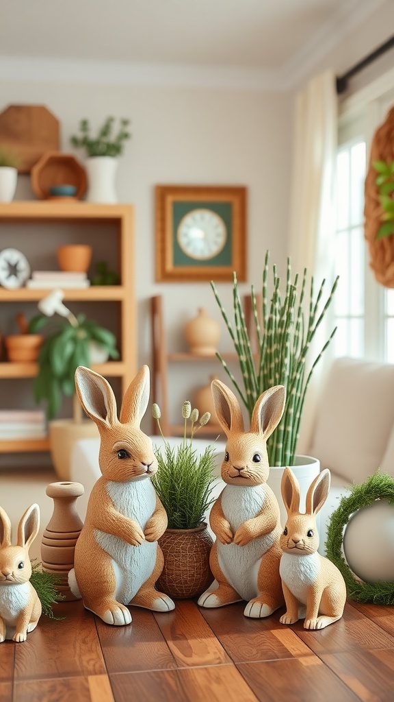 A cozy living room featuring bunny figurines amidst plants and modern decor elements.