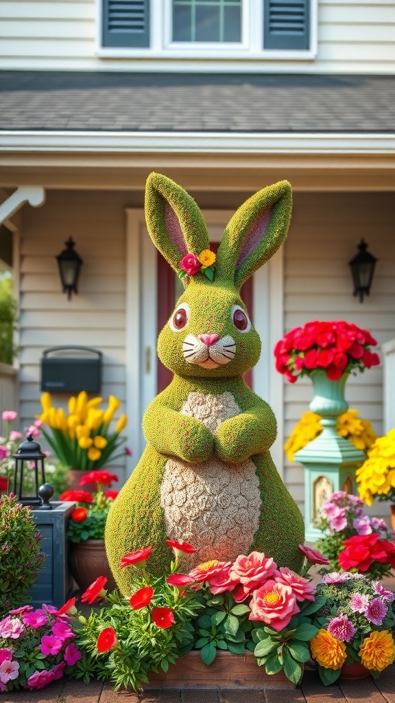 A decorative bunny topiary surrounded by colorful flowers on an Easter-themed porch.