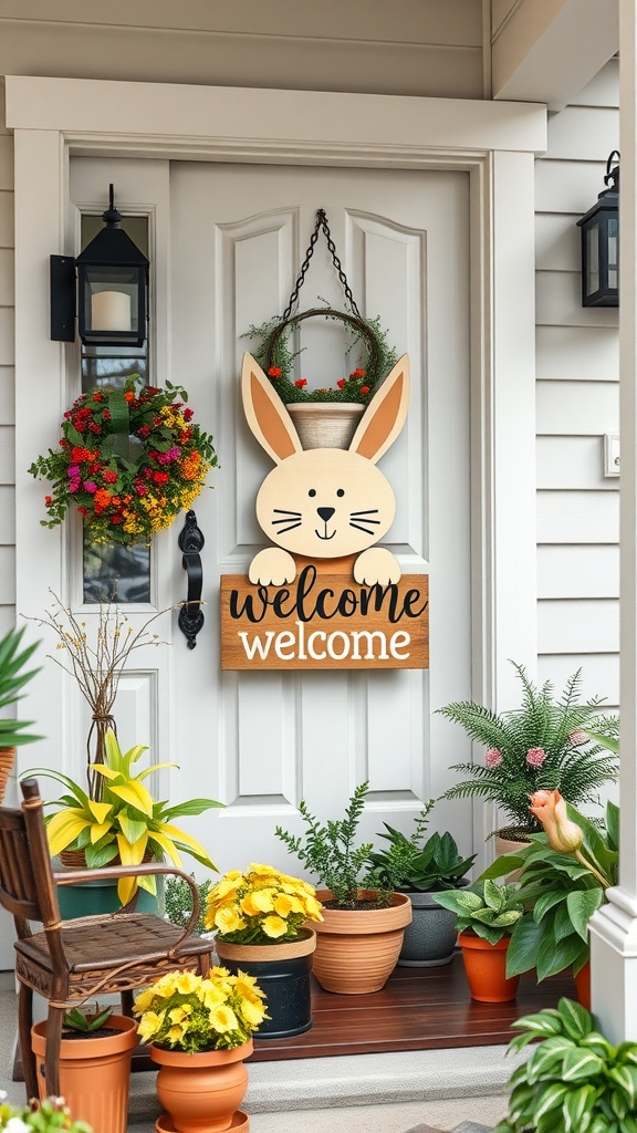 A charming Bunny Welcome Sign hanging on a door, surrounded by colorful flowers and plants on a porch.