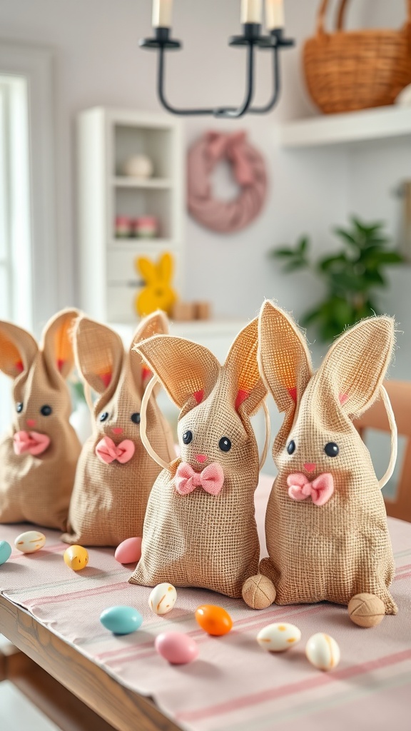 Four burlap bunny bags with decorative bows and buttons standing on a table with pastel Easter eggs.