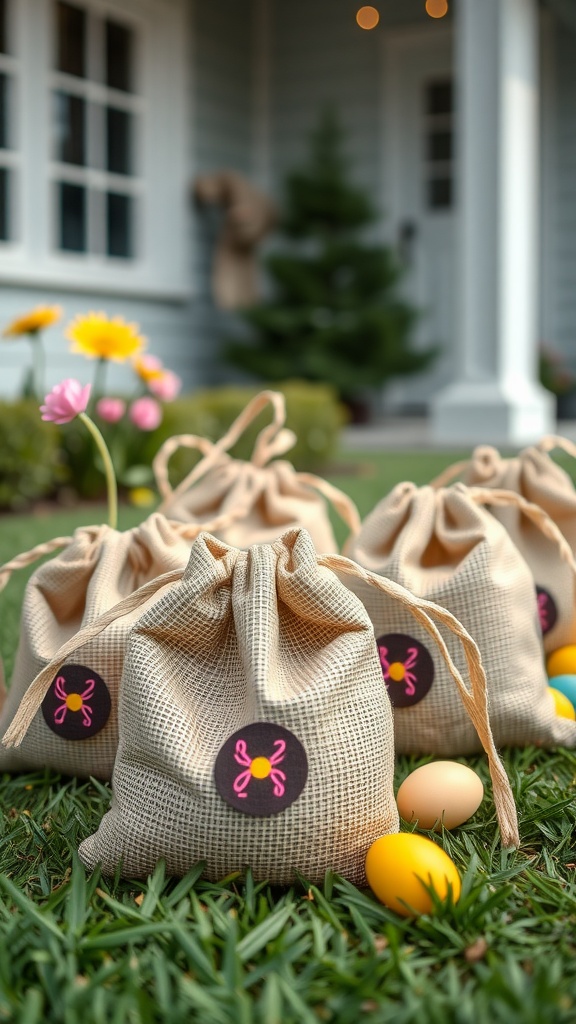 Burlap Easter egg hunt bags on grass with colorful eggs and flowers in a garden setting