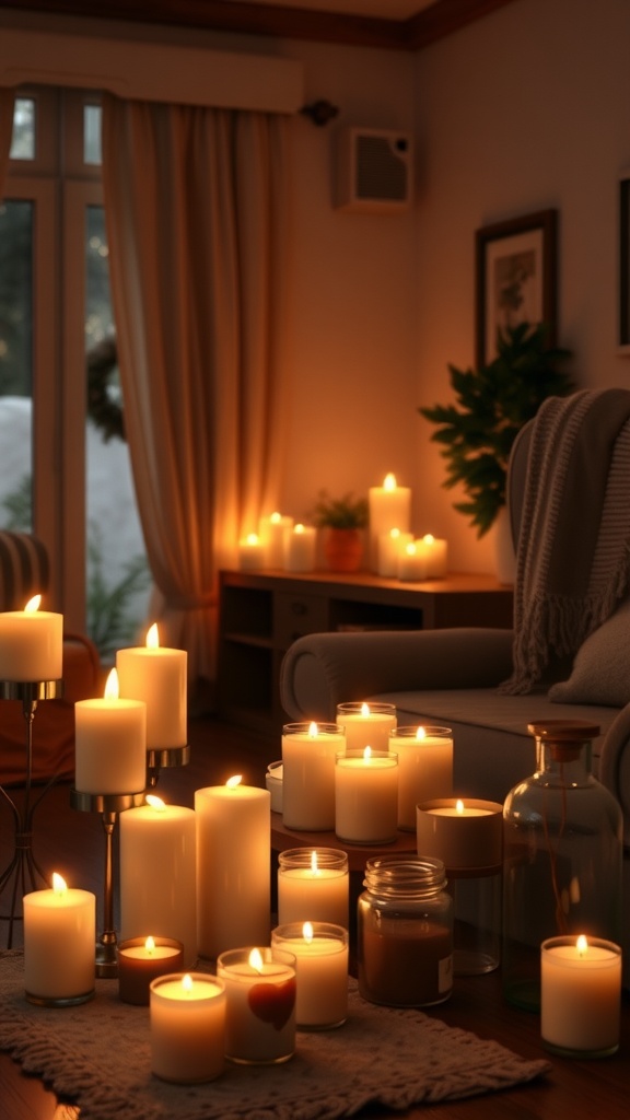 A cozy room filled with various candles creating a warm and romantic glow.