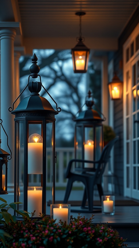 Candlelit lanterns on a porch creating a warm and inviting atmosphere.