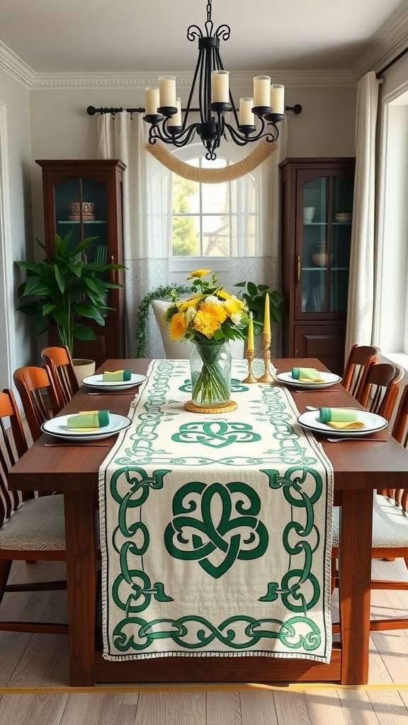 A dining table with a Celtic knot table runner, plates, and a vase of flowers.