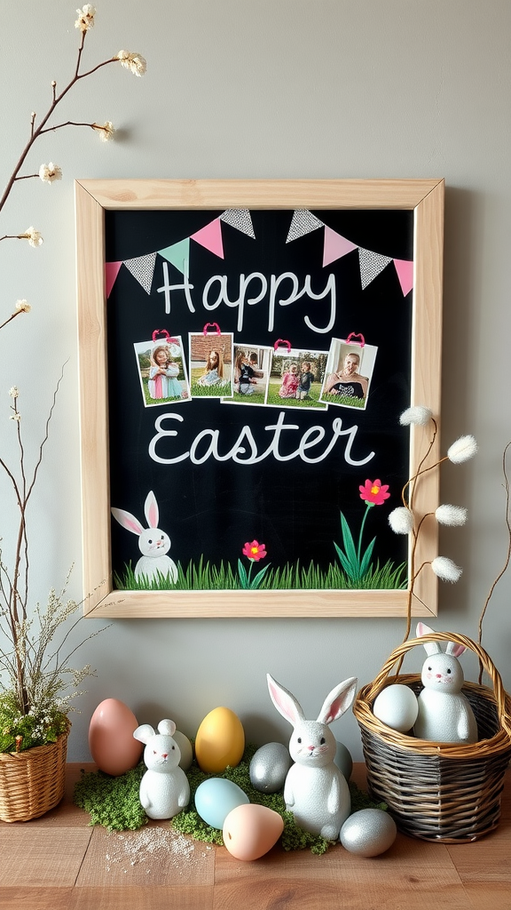 A chalkboard with a playful Easter message surrounded by colorful eggs and flowers.