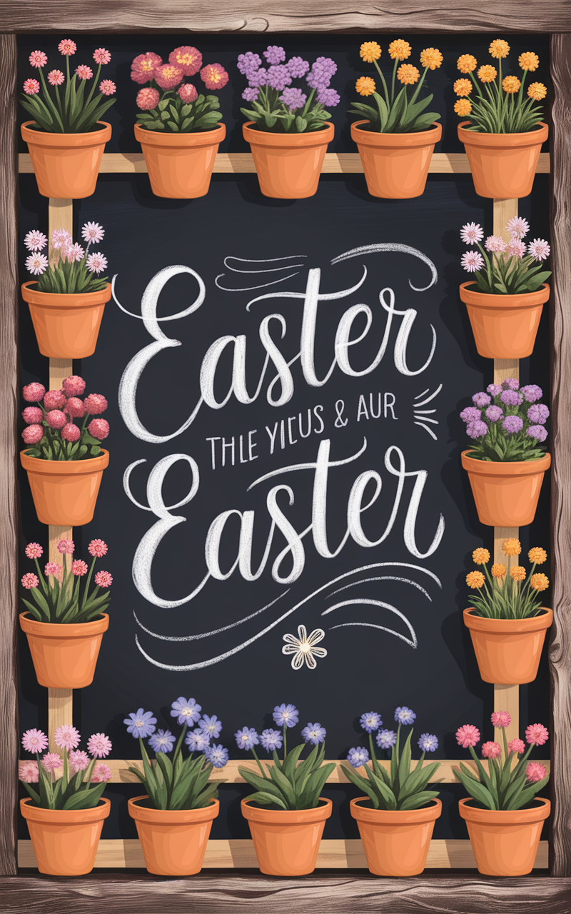 Chalkboard sign with 'Happy Easter' and small potted succulents.