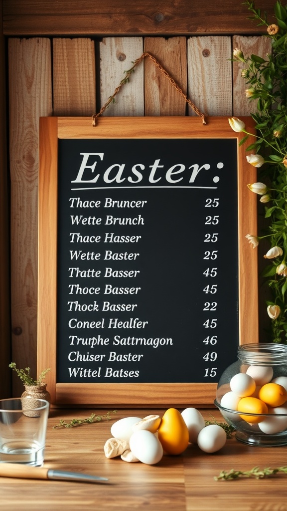 Chalkboard menu display for Easter with rustic frame and Spring decorations