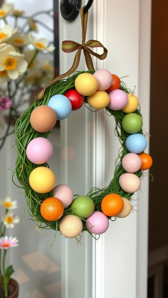 A colorful Easter egg wreath hanging on a door, brightening up the entrance.