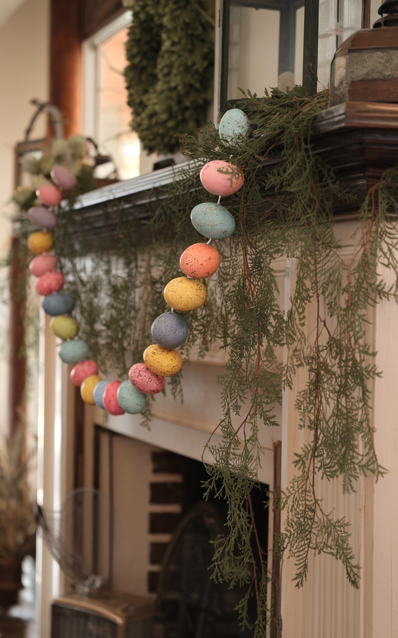 A colorful egg garland made of pastel eggs and greenery, decorating a mantelpiece.