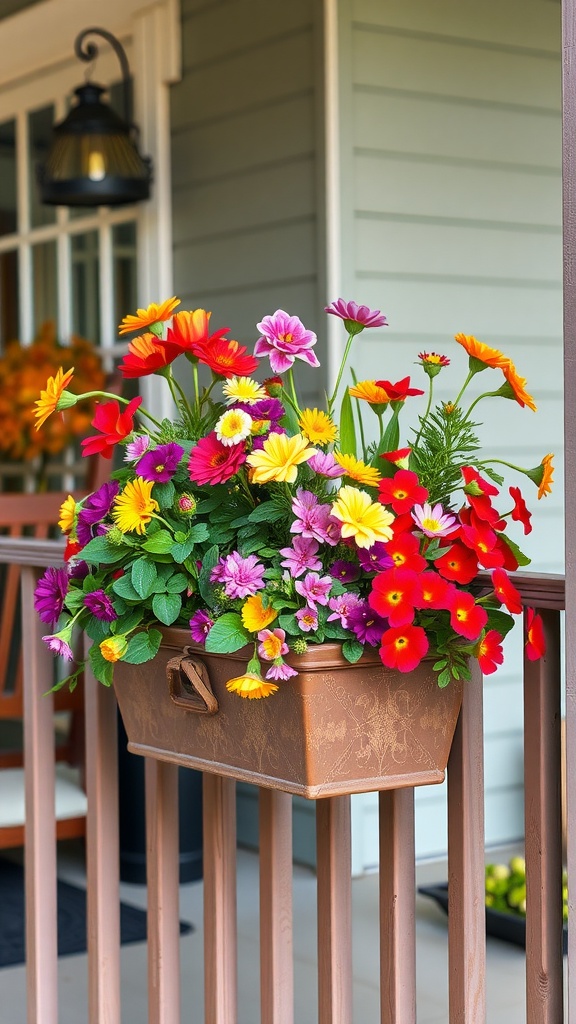 Vibrant flower box with colorful blooms on a porch railing