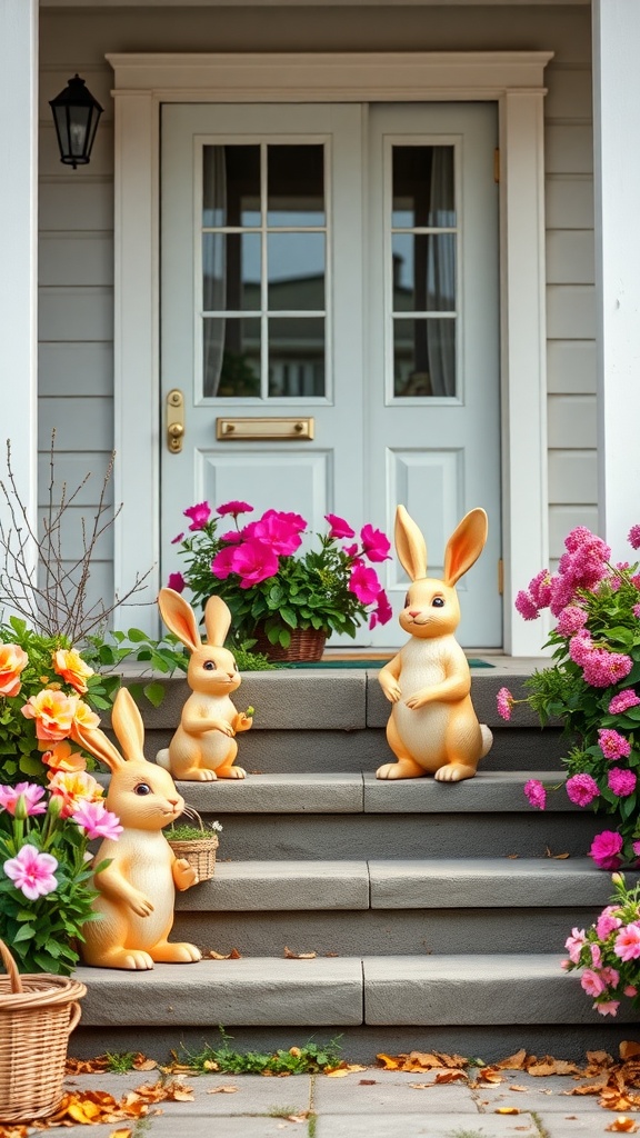 Charming rabbit statues on a decorated porch with flowers