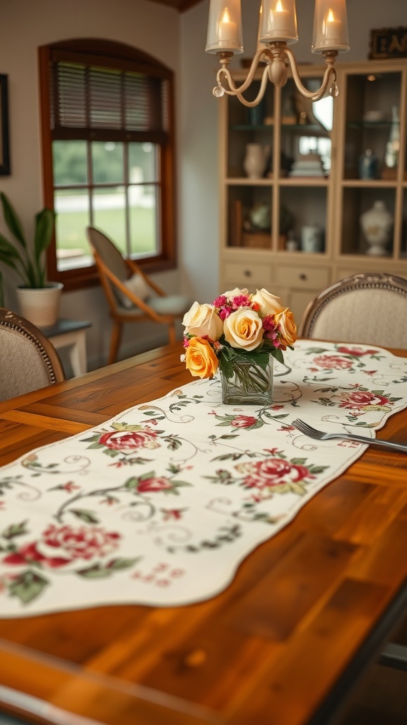 A beautifully arranged table with a floral table runner and a vase of roses.