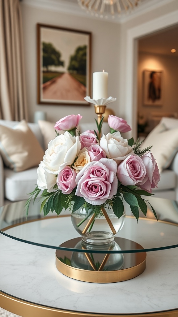 A chic floral centerpiece featuring pink and white roses with a candle on a glass table