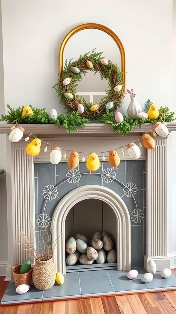 A beautifully decorated fireplace with a garland of chicks and eggs, a wreath, and pastel-colored accents.