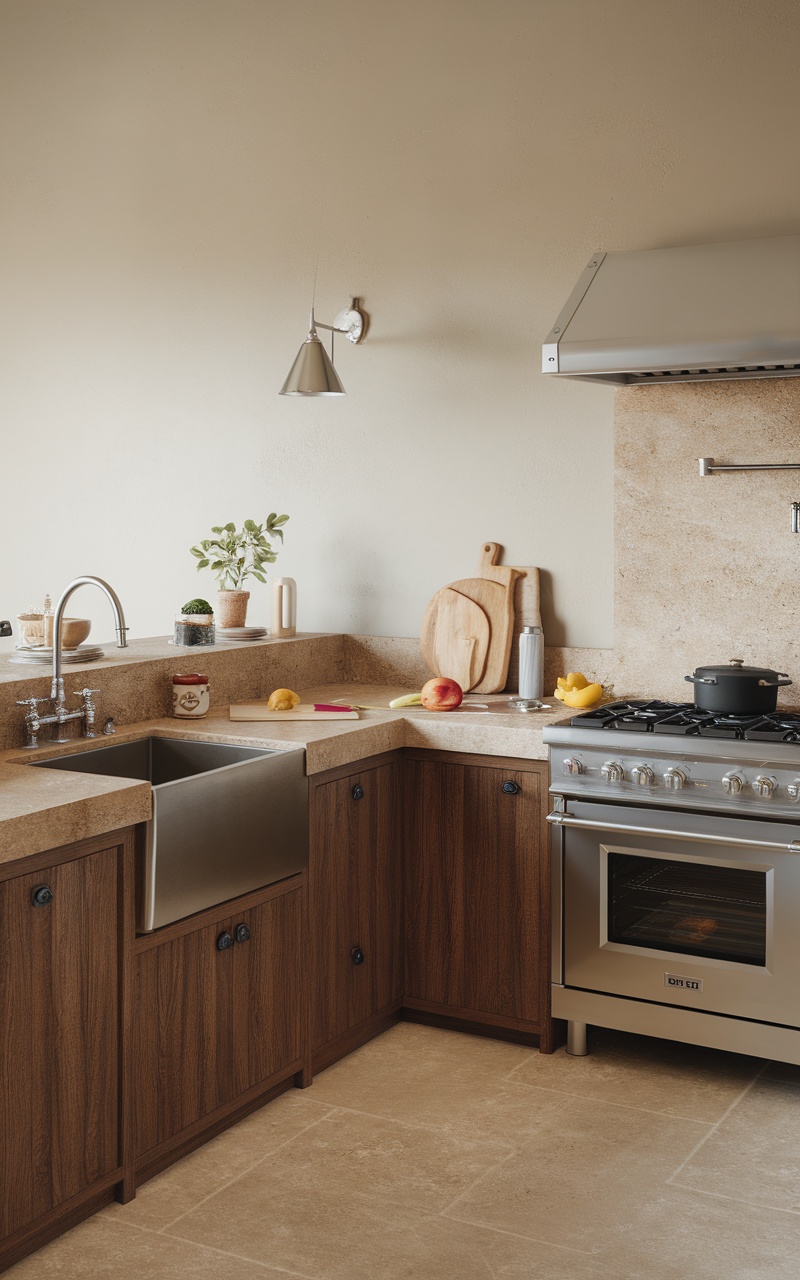 A modern Scandi style kitchen featuring warm wood cabinetry and light countertops with a functional layout.