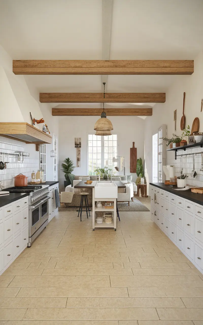 A spacious Scandi style kitchen with wooden beams, open shelving, and minimal decor.