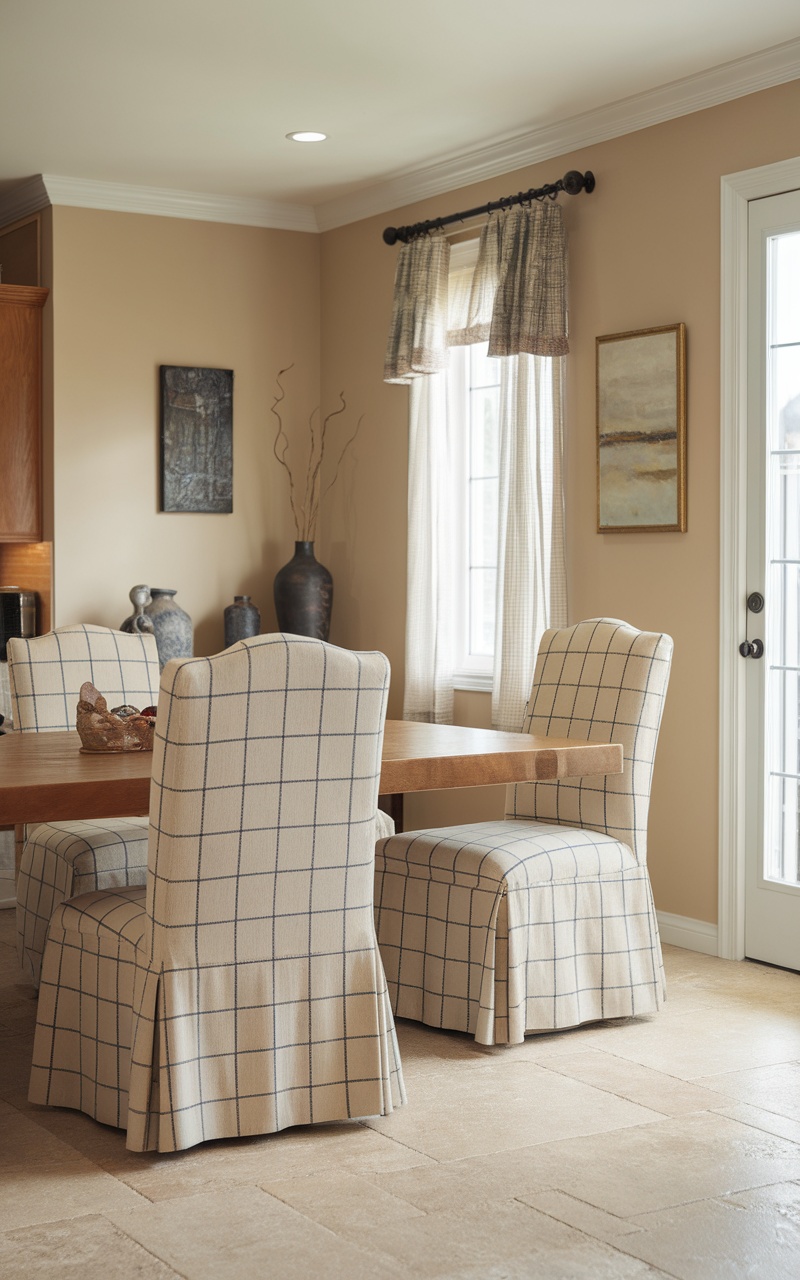 Cozy slipcovered chairs in a kitchen, showcasing a Scandi style design