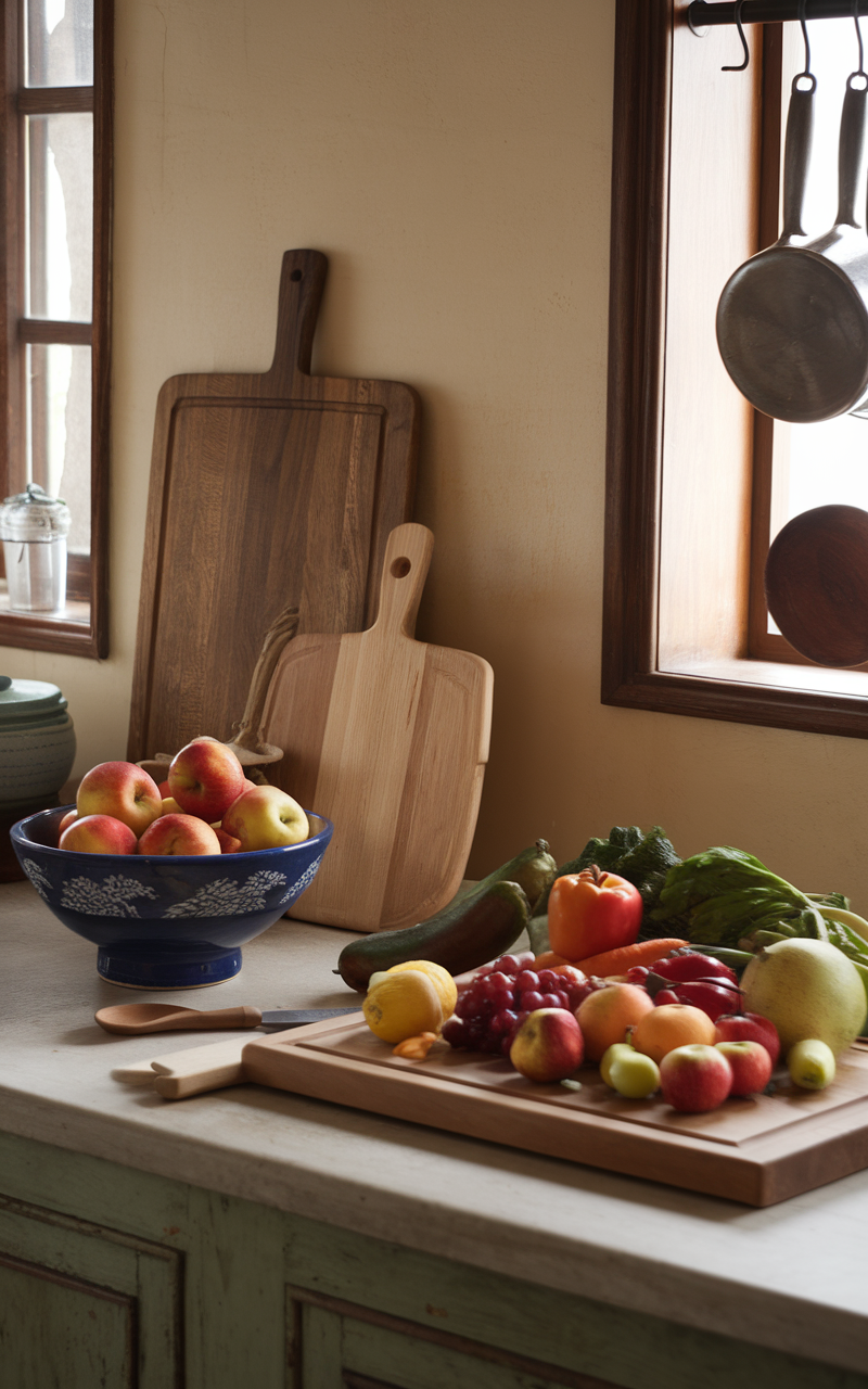 A cozy kitchen scene featuring wooden cutting boards, a bowl of apples, and fresh citrus fruits arranged on a wooden tray.