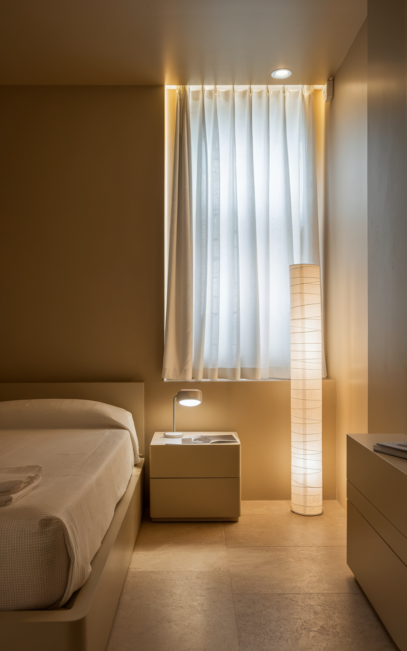 A cozy small beige bedroom featuring adjustable lighting elements