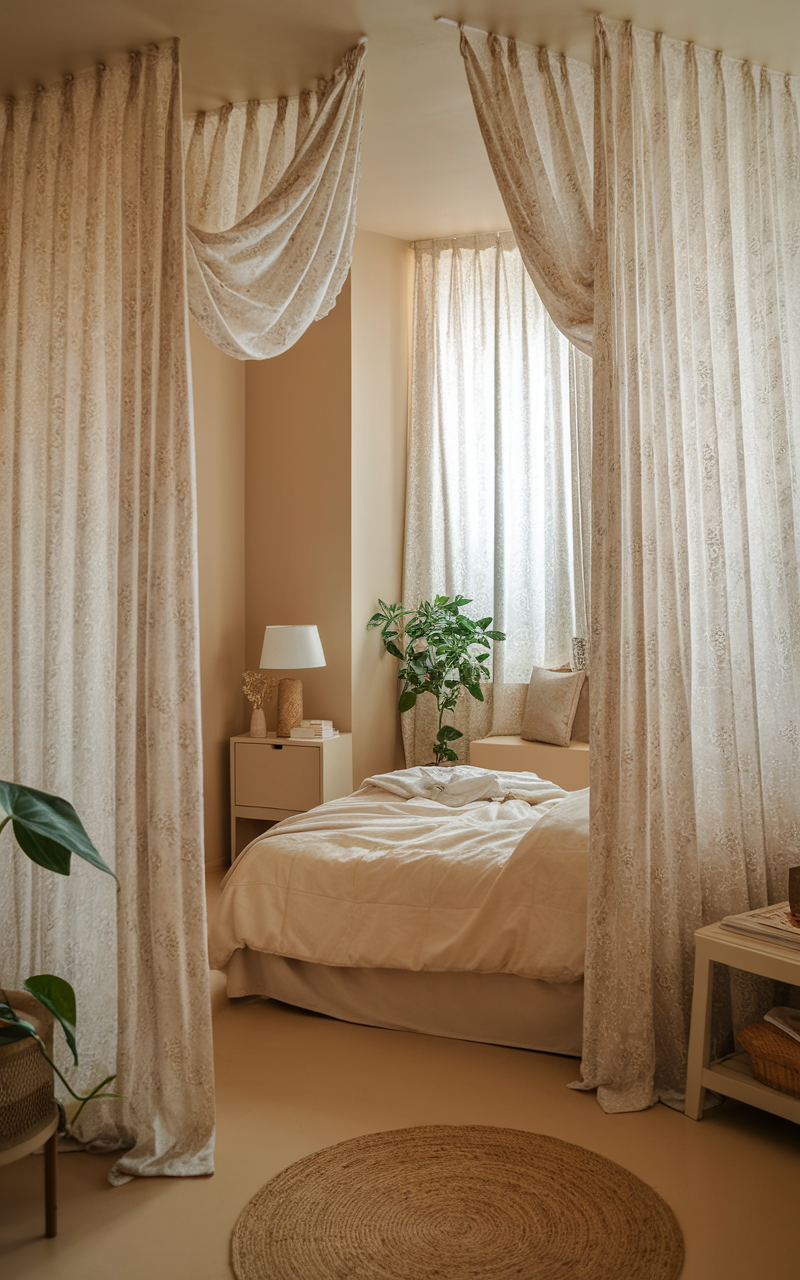 Cozy small beige bedroom with soft curtains and warm lighting