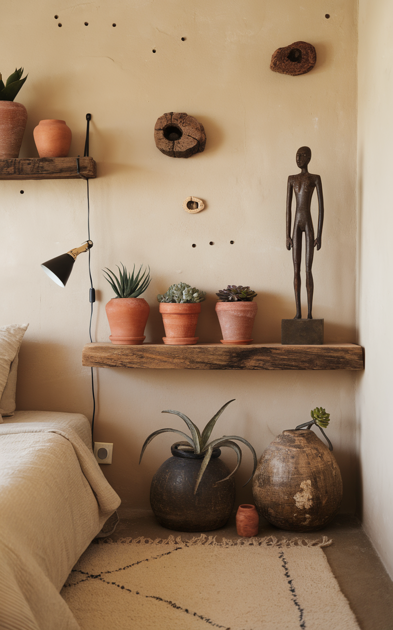 A cozy small beige bedroom featuring earthy accents with wooden decor and soft textures.