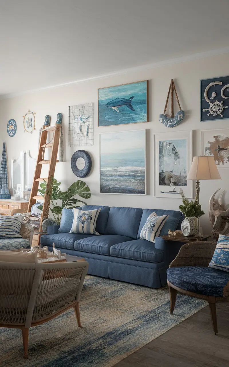 Coastal living room featuring a blue couch surrounded by ocean-themed decor