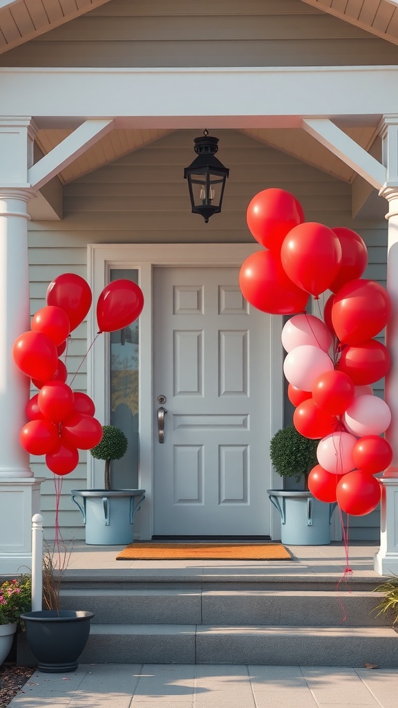 Colorful balloon arrangements in red and white at a front porch entrance.