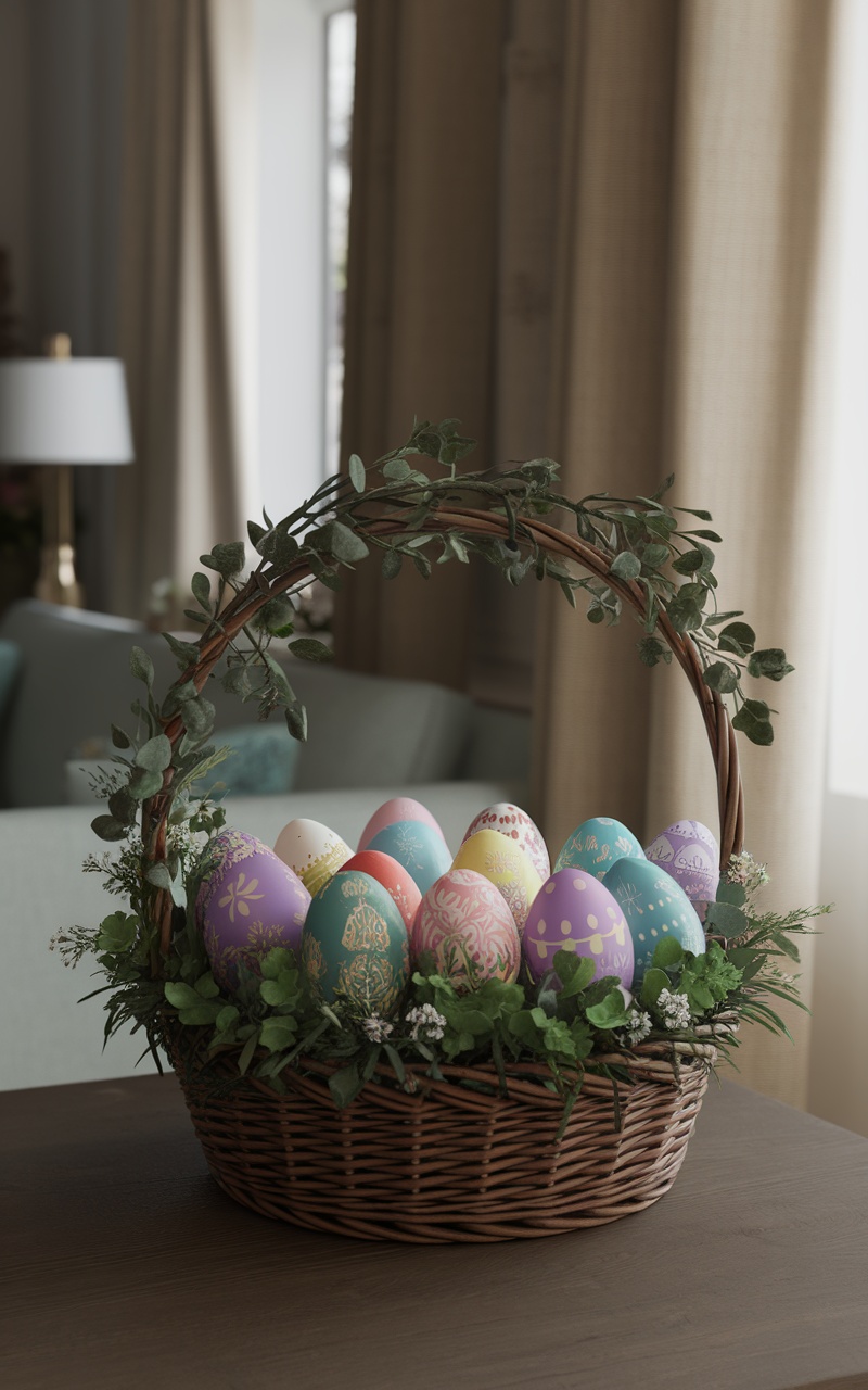 A colorful basket filled with decorated Easter eggs surrounded by greenery.