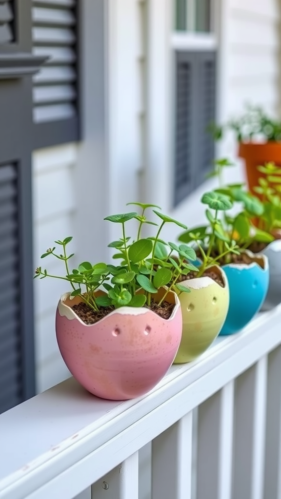 Colorful egg shell planters filled with plants on a porch railing