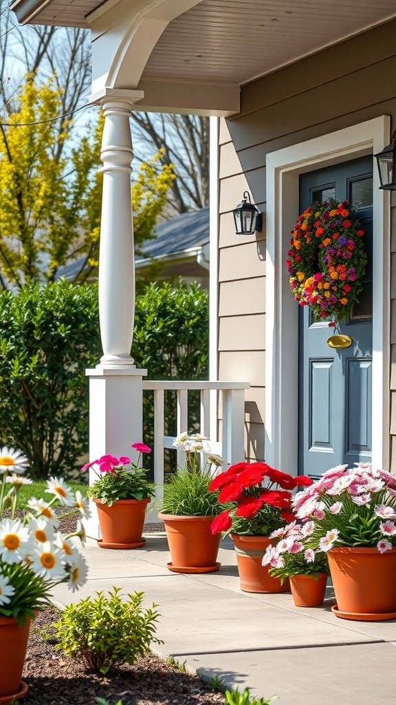 Colorful potted spring flowers on an Easter porch with a wreath on the door