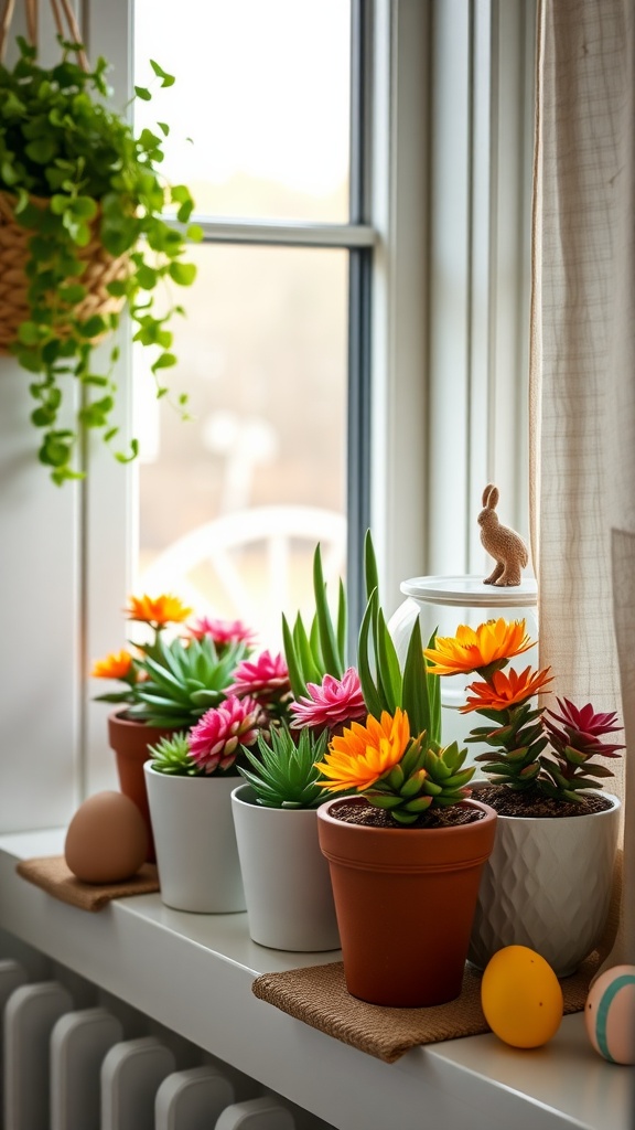 Colorful potted succulents on a window sill decorated for Easter