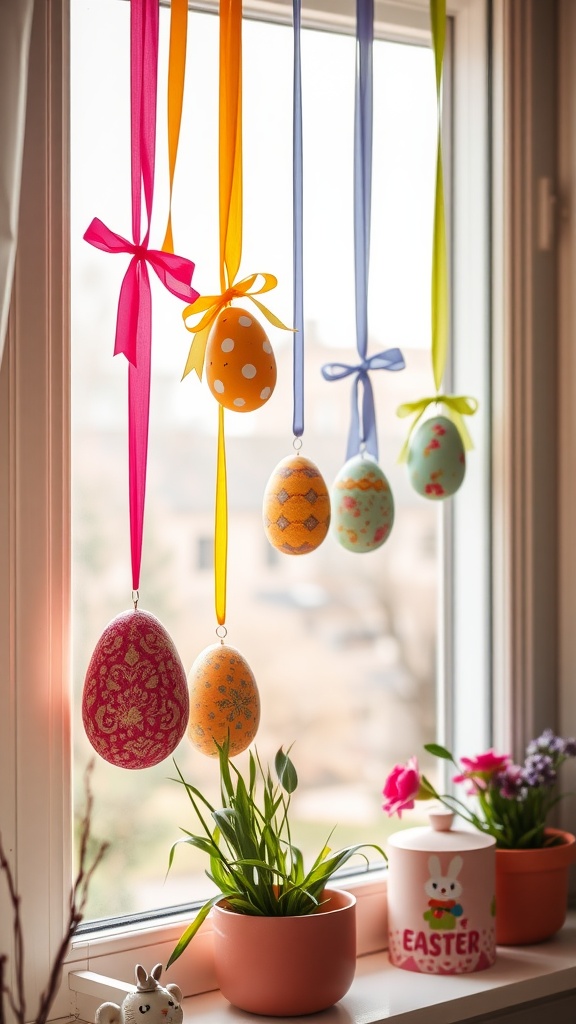 Colorful ribbon egg hangers displayed in a window