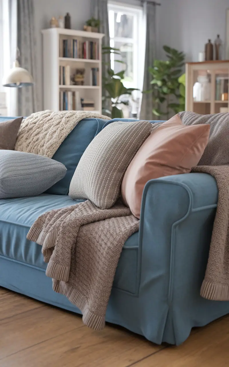 A cozy blue couch adorned with various textured pillows and throw blankets, showcasing a warm living room setting.