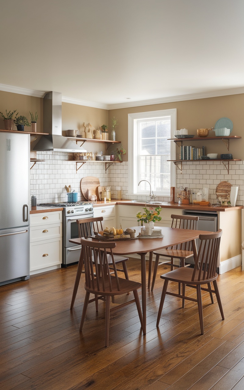 Cozy scandi style kitchen with an integrated dining table and wooden chairs.