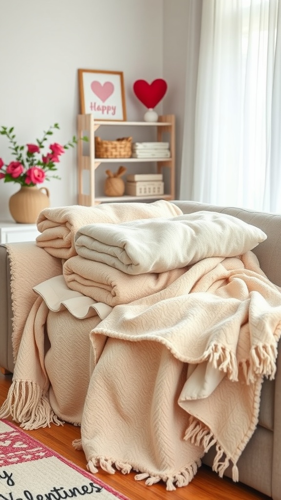 Cozy display of soft blankets on a sofa, with Valentine-themed decor in the background.